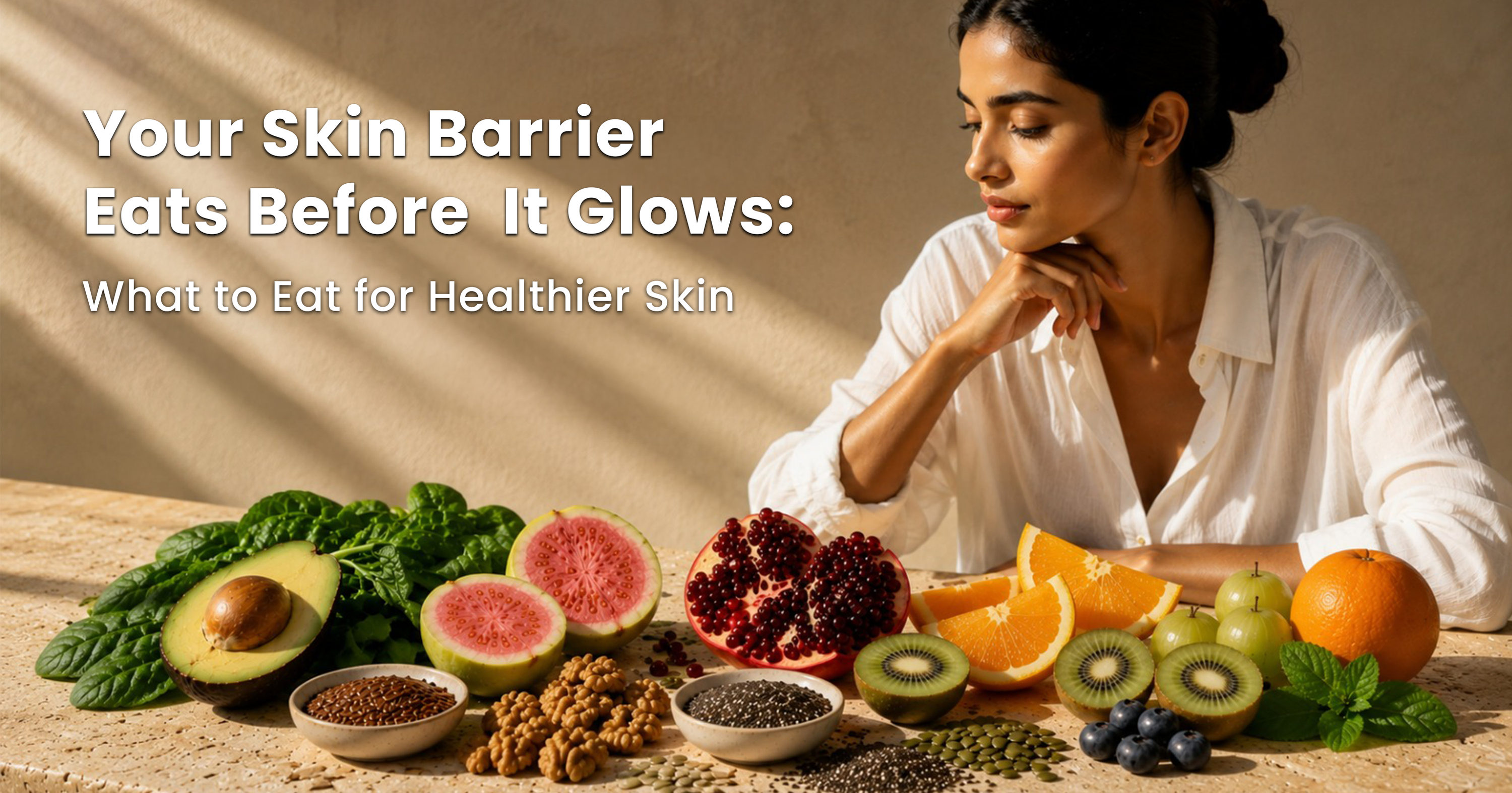 Healthy skin nutrition concept featuring Indian woman with antioxidant-rich foods, fruits, nuts, and seeds that support skin barrier health and natural glow.