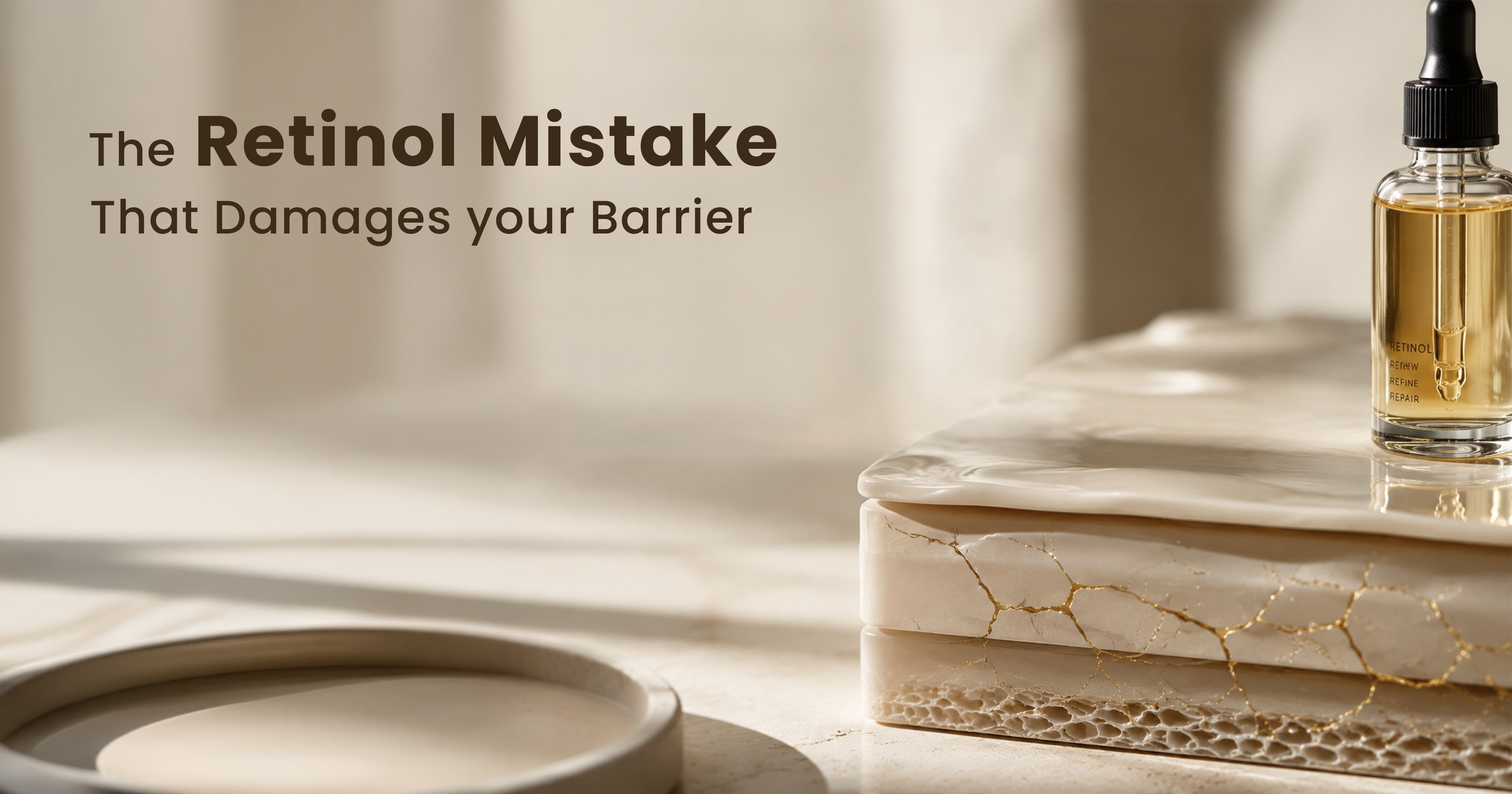 The Retinol Mistake That Damages Your Skin Barrier blog cover showing a retinol serum bottle beside a cracked porcelain skin barrier metaphor representing weakened skin foundation.